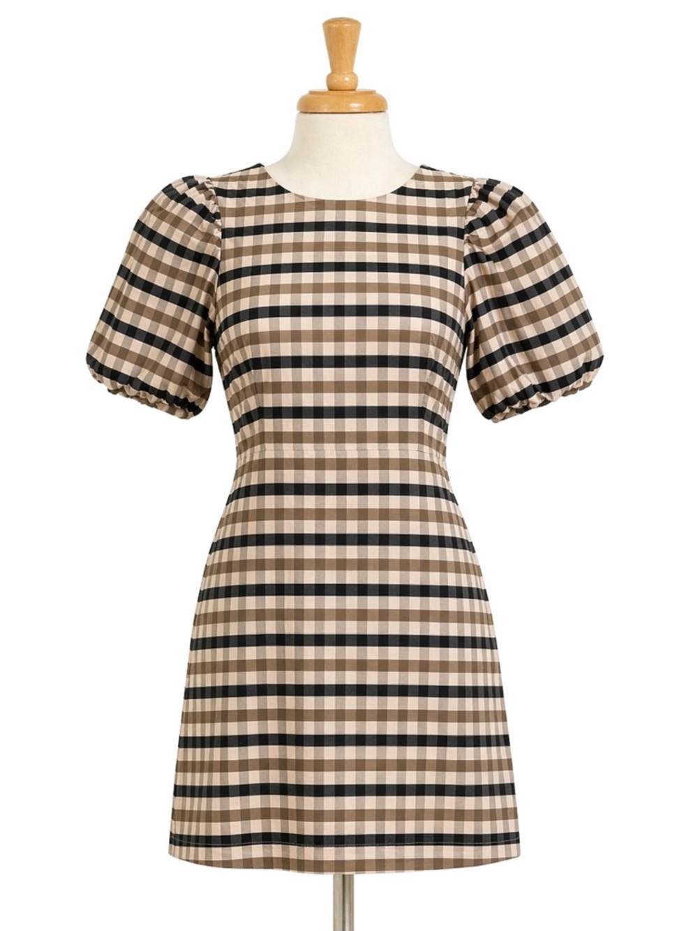 H&M Plaid Puff Sleeve Dress Size 4P Brown Black Check Mini Dress